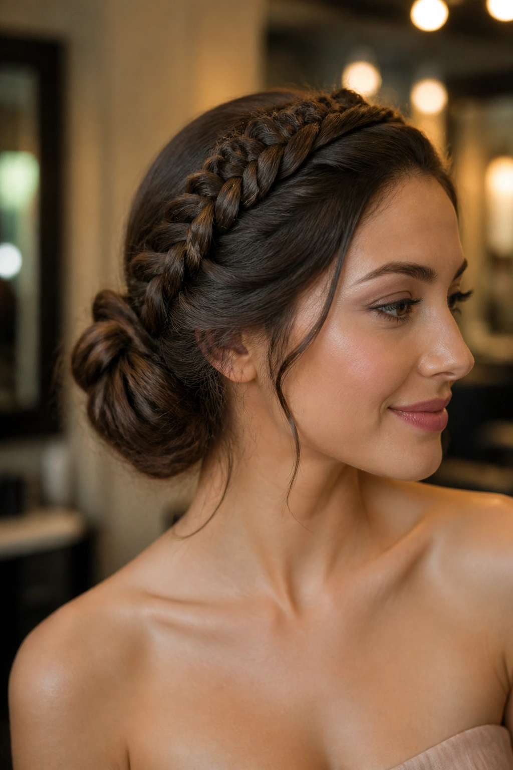 Close-up portrait of a real woman with a side crown braid leading to a low side bun near the ear.