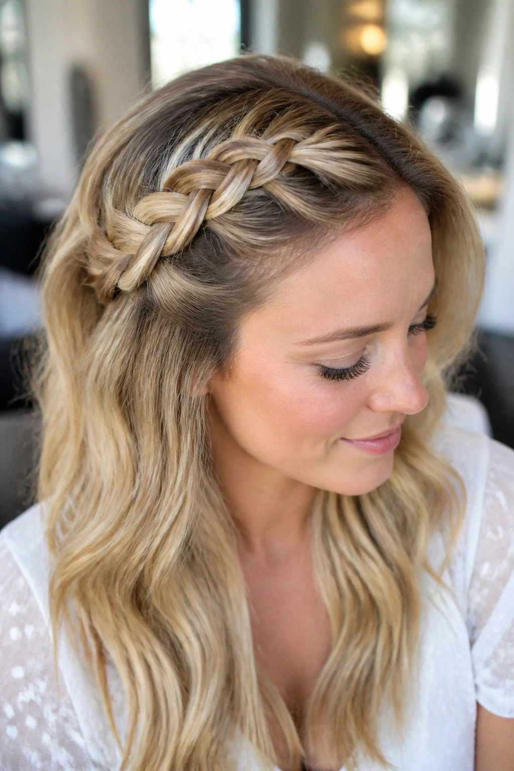 Close-up of a real woman with a side crown braid around the head