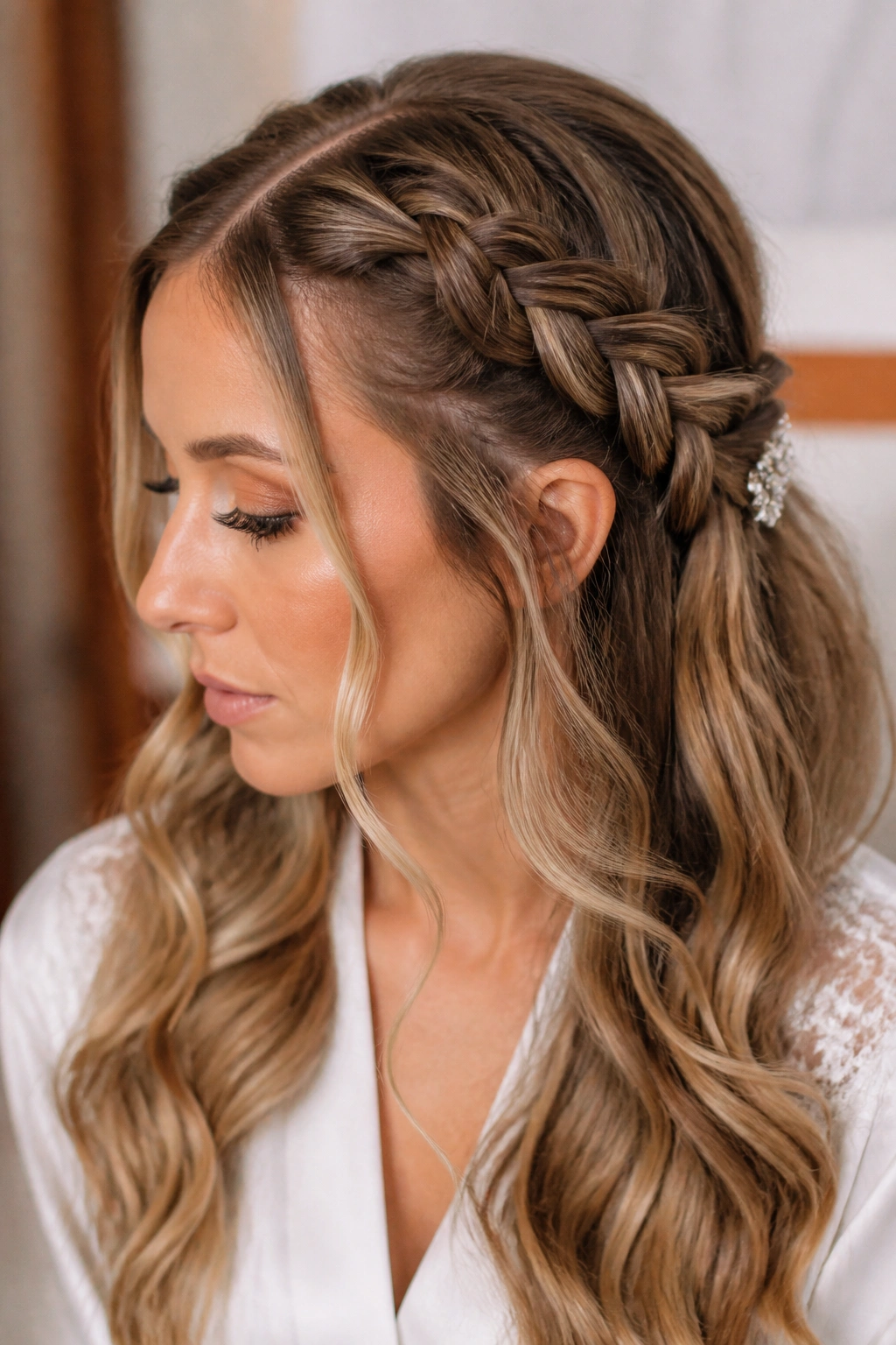 Close-up of a real person with a side Dutch braid and loose face-framing pieces