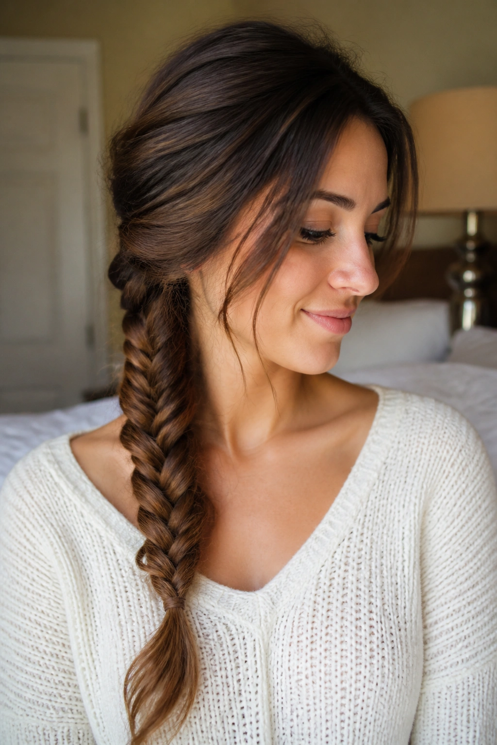 Close-up of a classic side fishtail braid on a real woman in a warm bedroom with natural light