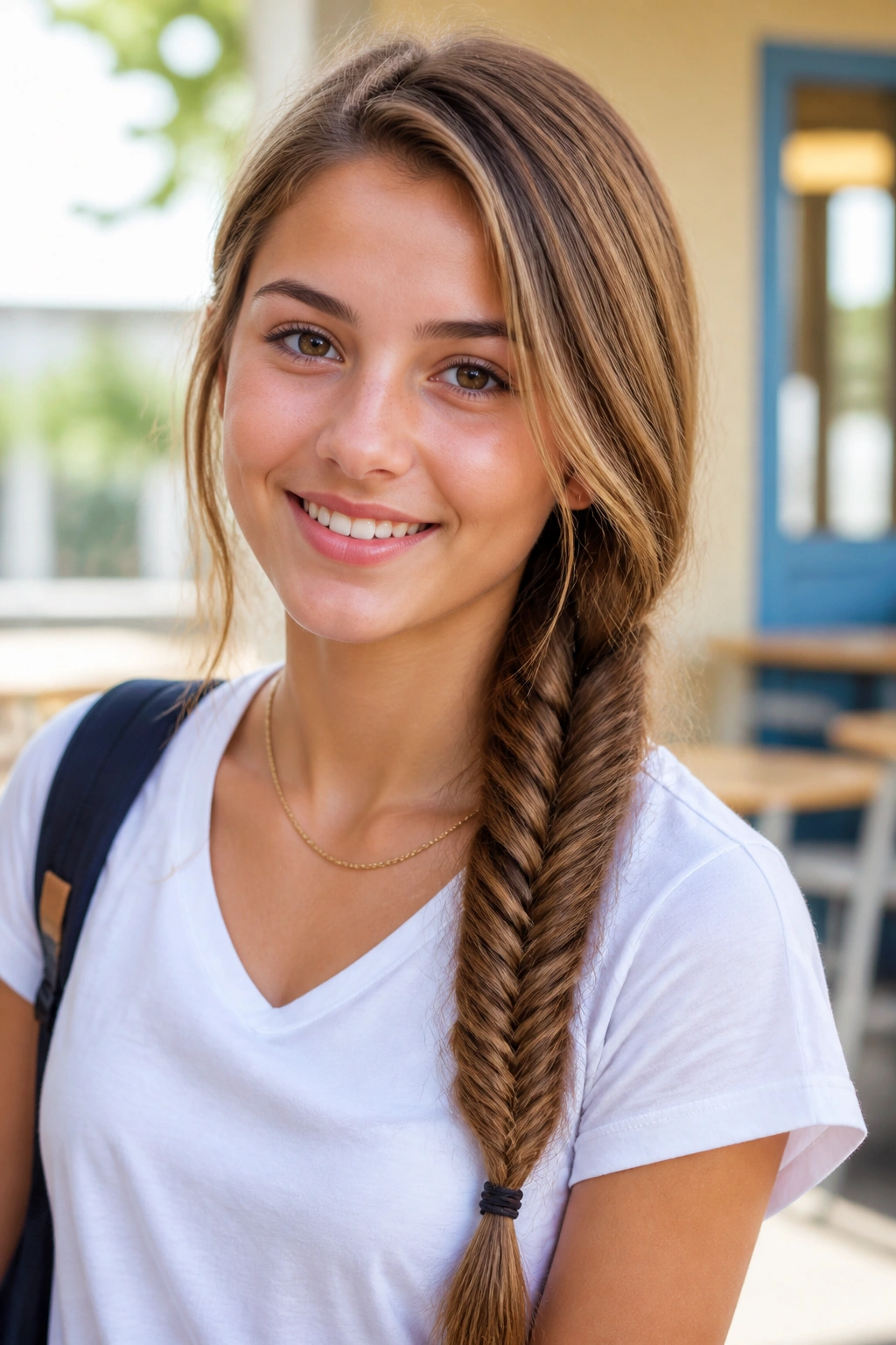 Close-up of a real student with a side fishtail braid on one shoulder in a school setting.