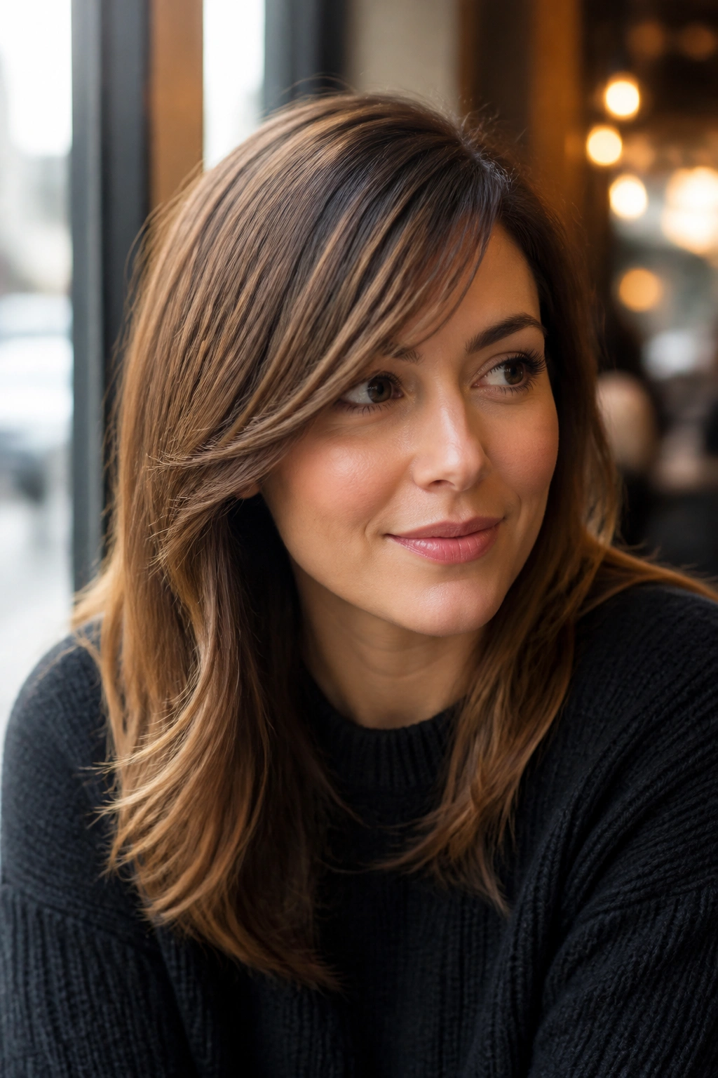 Close-up of a real woman wearing a diagonal side fringe on a heart-shaped face