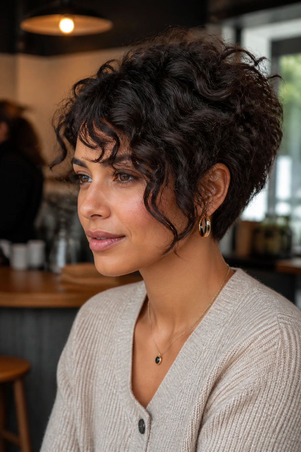 Three-quarter portrait of a woman with side fringe and stacked bob