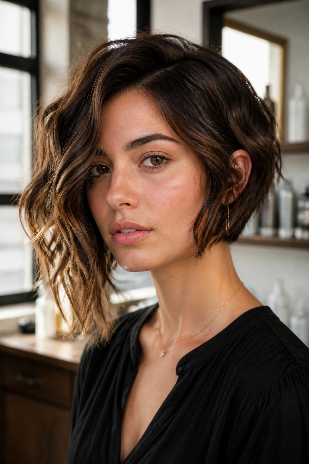 Close-up portrait of a real woman with a neck-grazing side-heavy bob