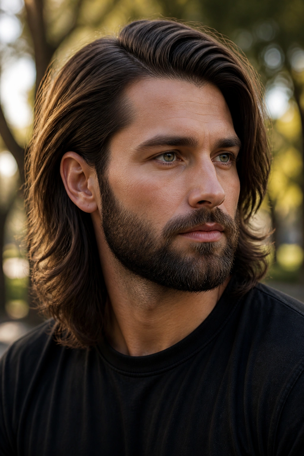Man with side-parted hair and trimmed beard in a park setting.