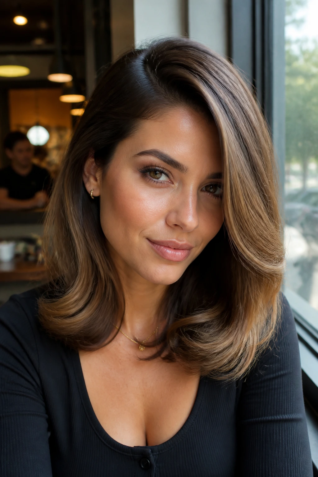 Close-up of a woman with a side-part blowout and soft bends in natural light