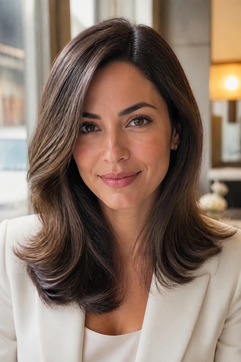 Close-up of a real woman with a side-part blowout hairstyle