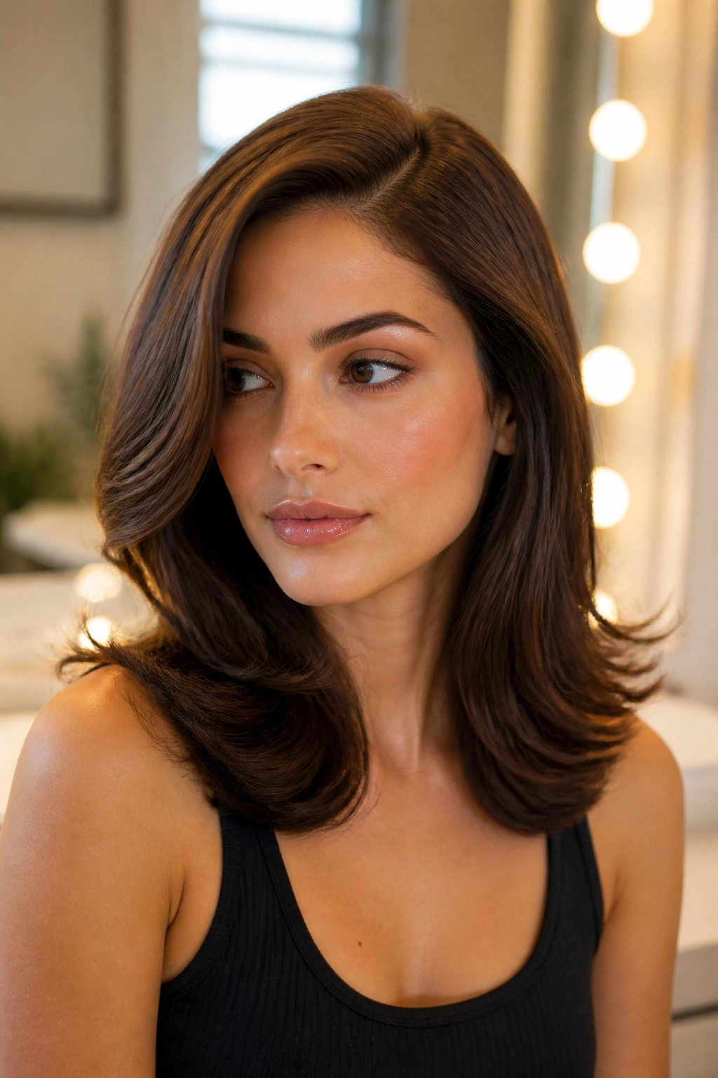 Close-up of a real woman with side-part blowout and flipped ends