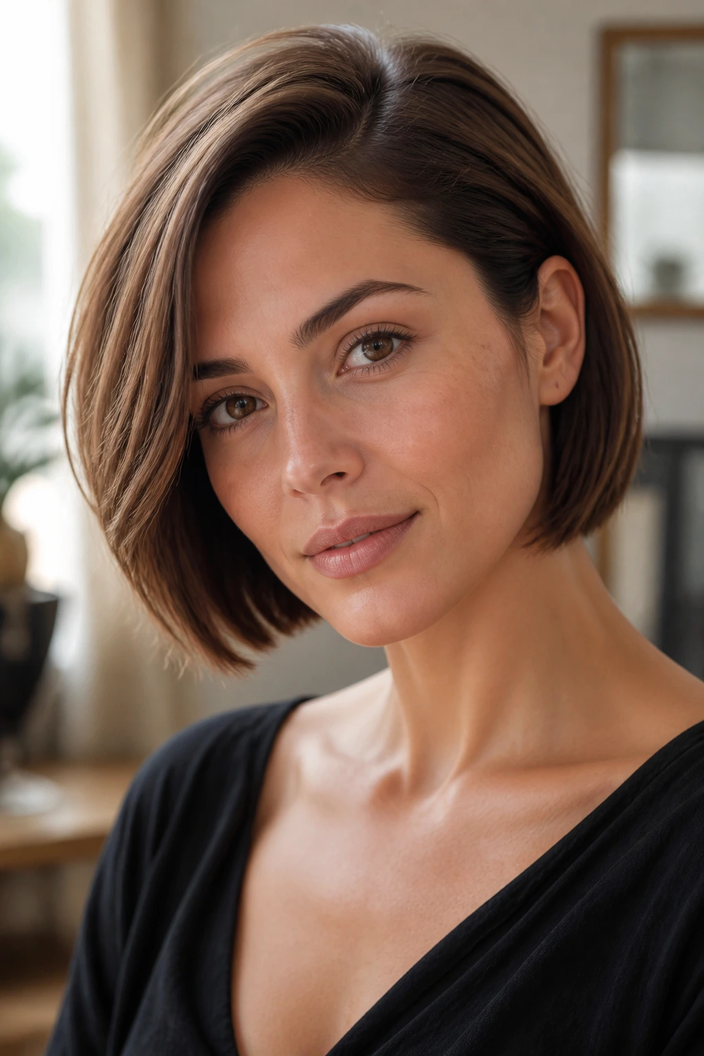 Close-up of a real woman wearing a side-part chin-length bob under warm window light
