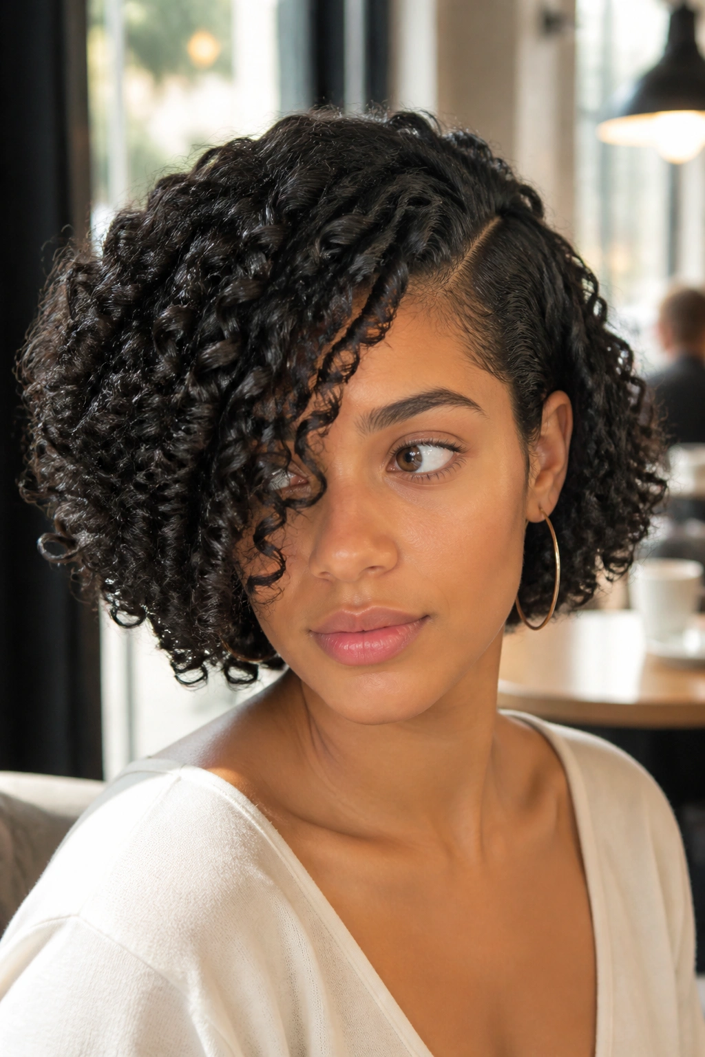 Close-up of real person with side-parted curl bob.