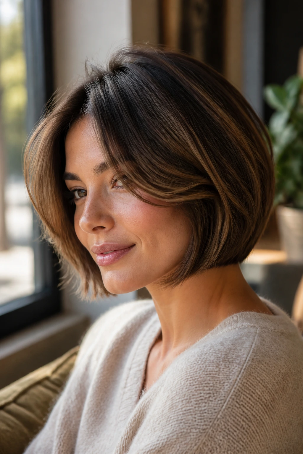 Real woman with side-part bob and curtain bangs in a cozy setting.