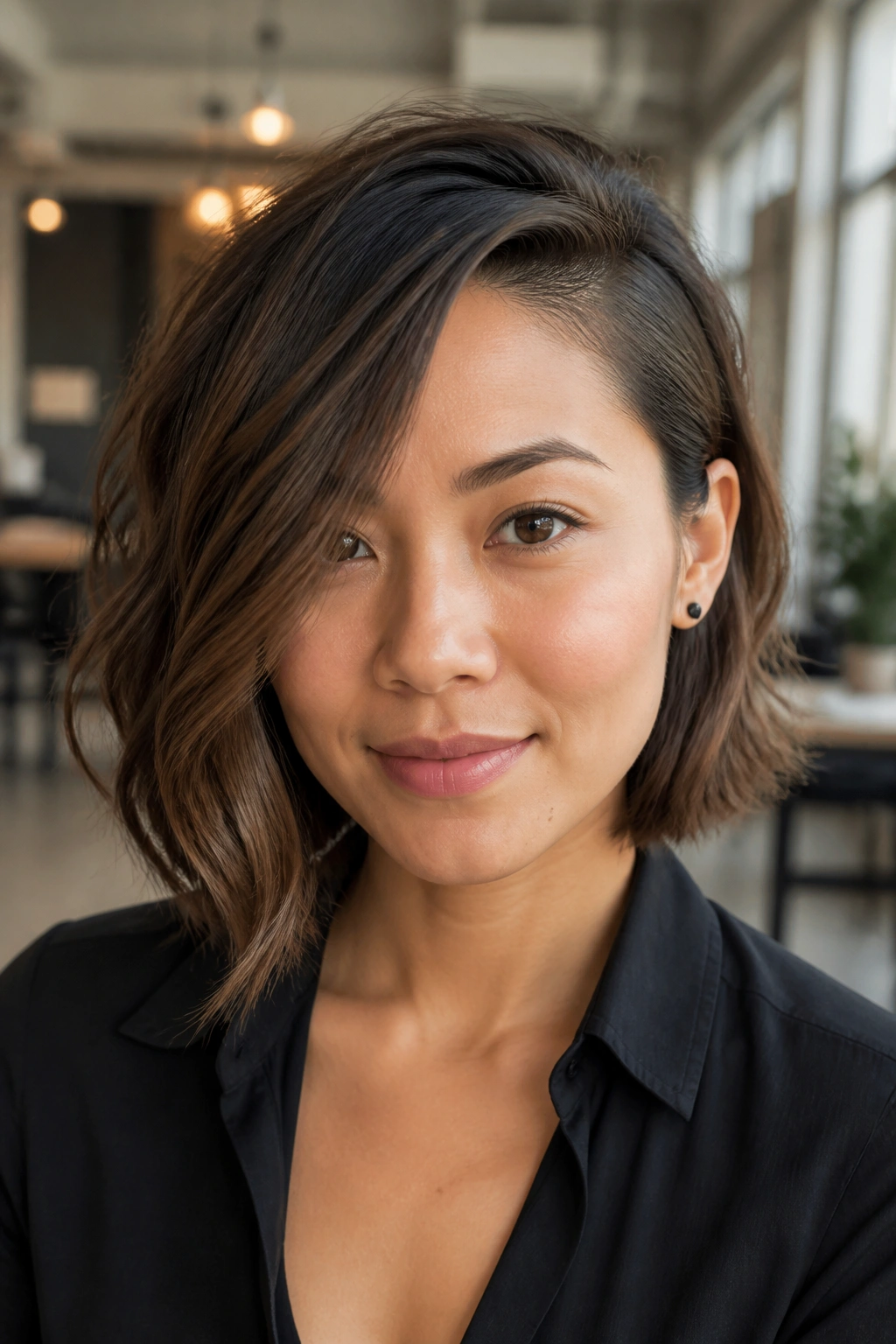 Close-up of real woman with a deep-part side-swept bob.