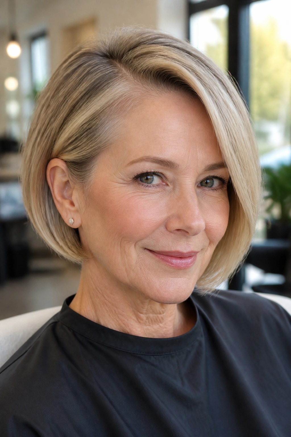 Portrait of a woman with a side-part bob showing lift at the crown in a sunlit salon