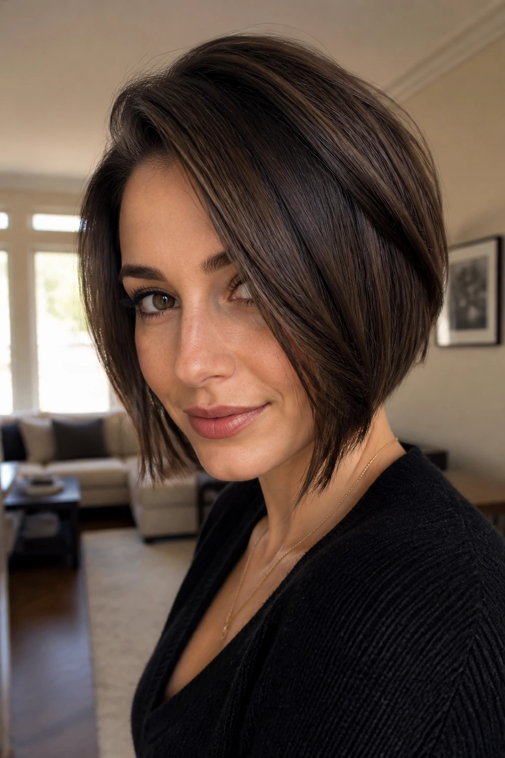 Close-up portrait of a real woman with a deep side-part bob and long framing pieces