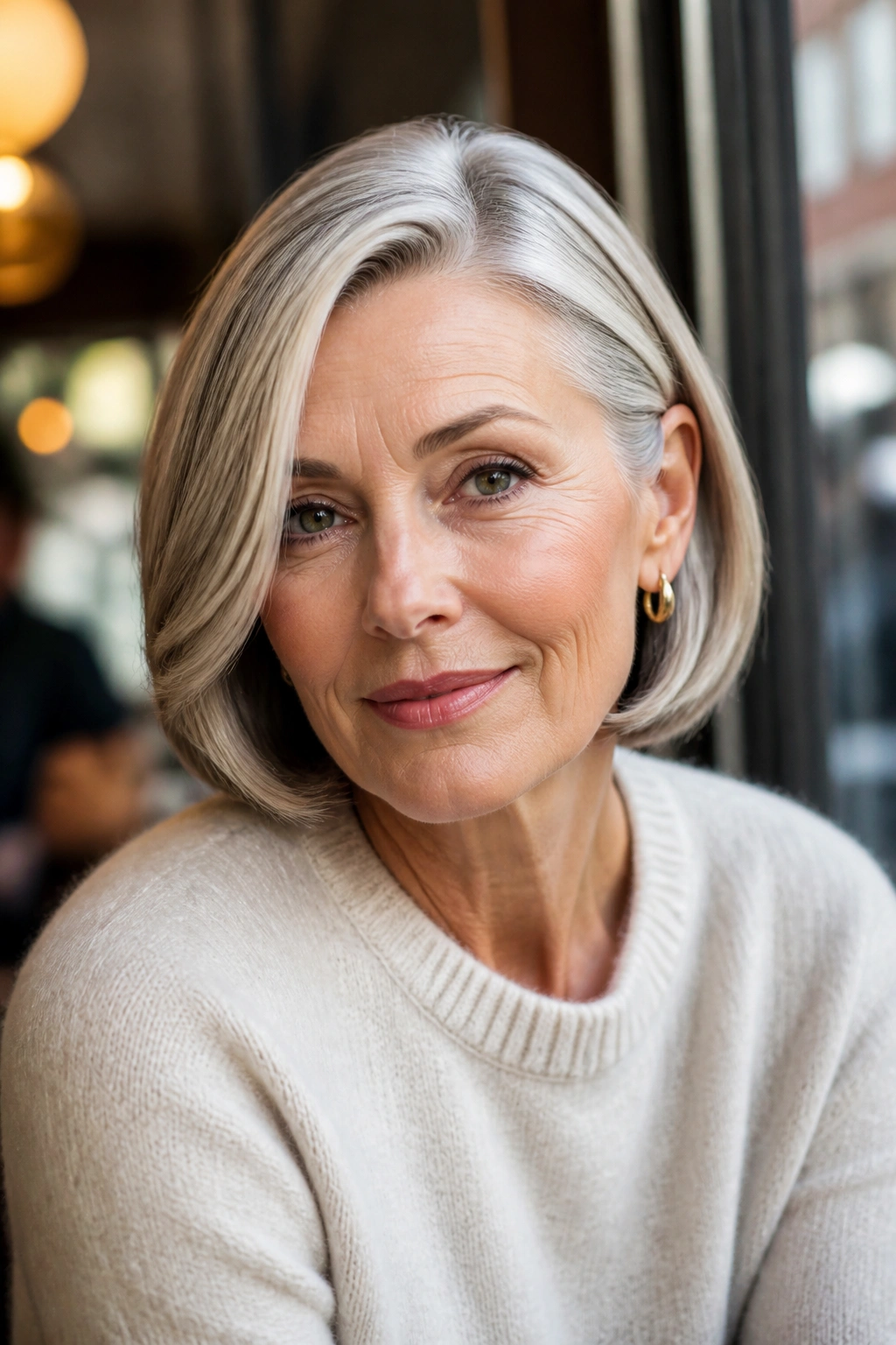 Close-up of a real woman with a deep side-parted bob hairstyle