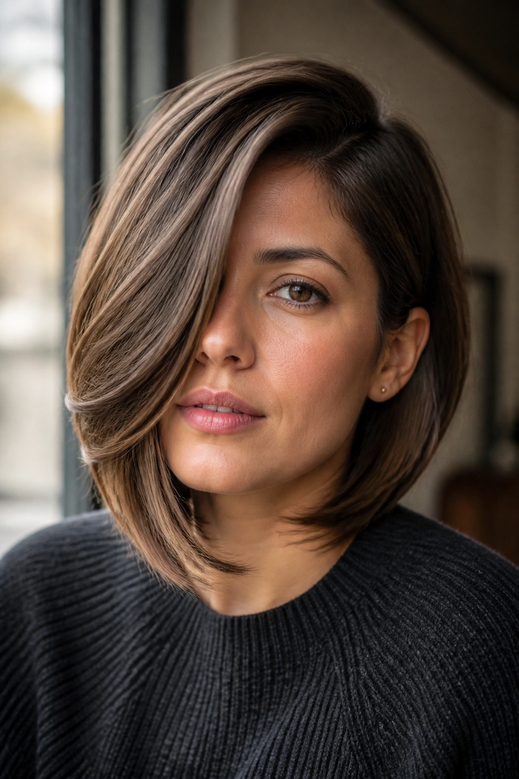 Close-up of a real woman with a side-part bob featuring a long front sweep