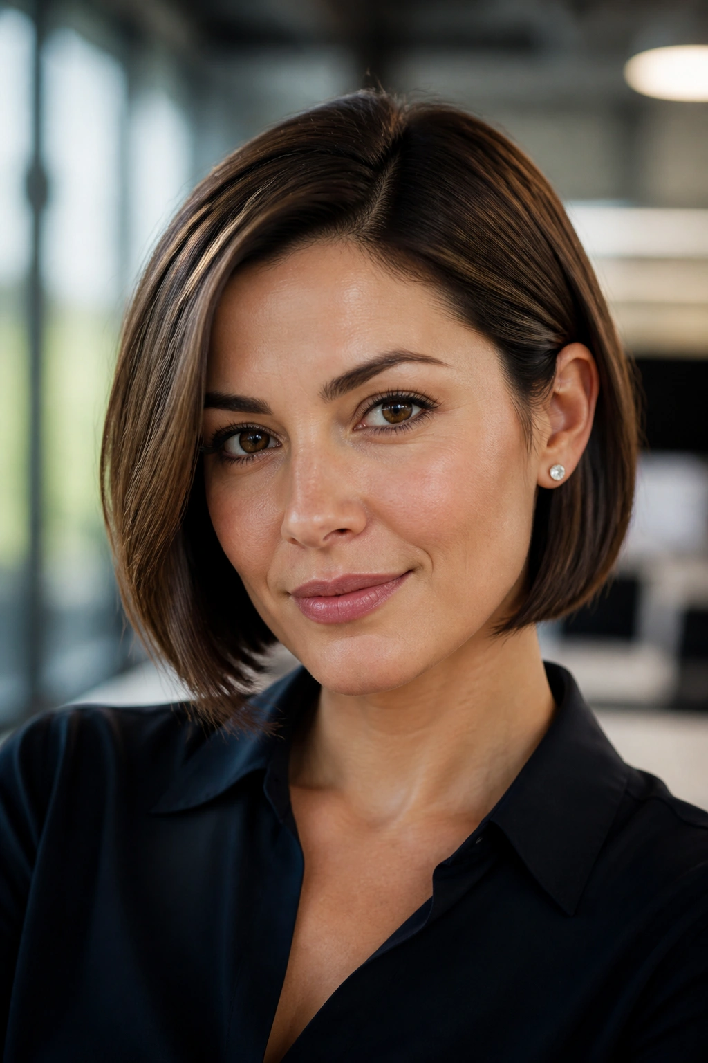 Close-up of a real person with a side-part bob at work