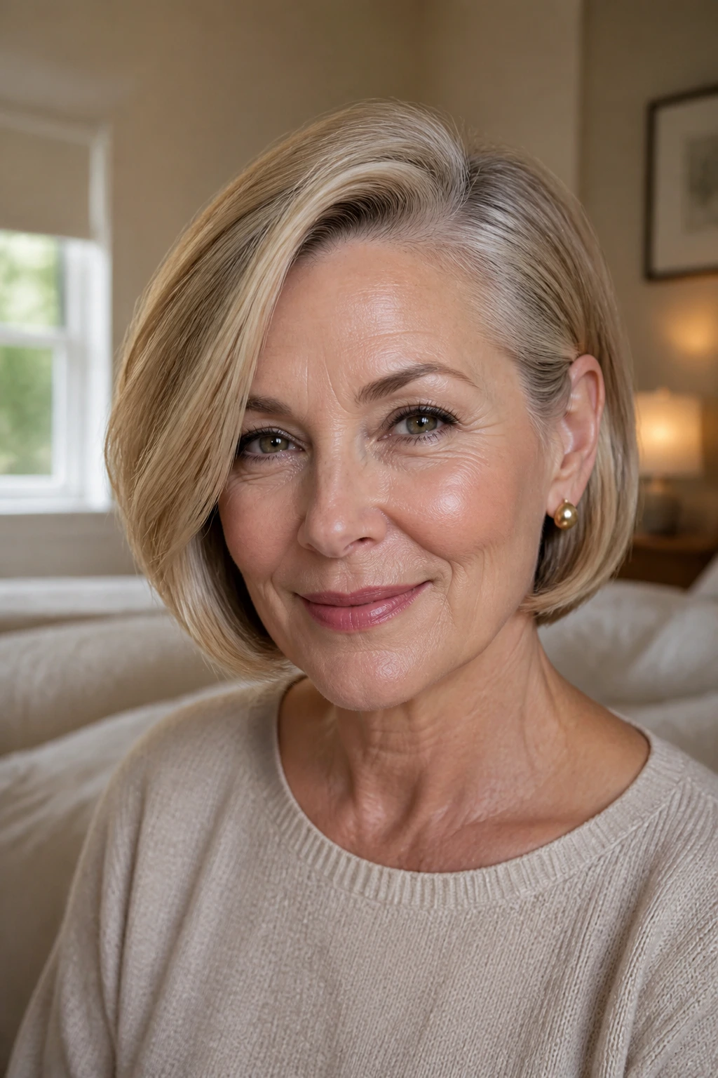 Close-up portrait of a real woman with a side-part bob and crown lift in warm light