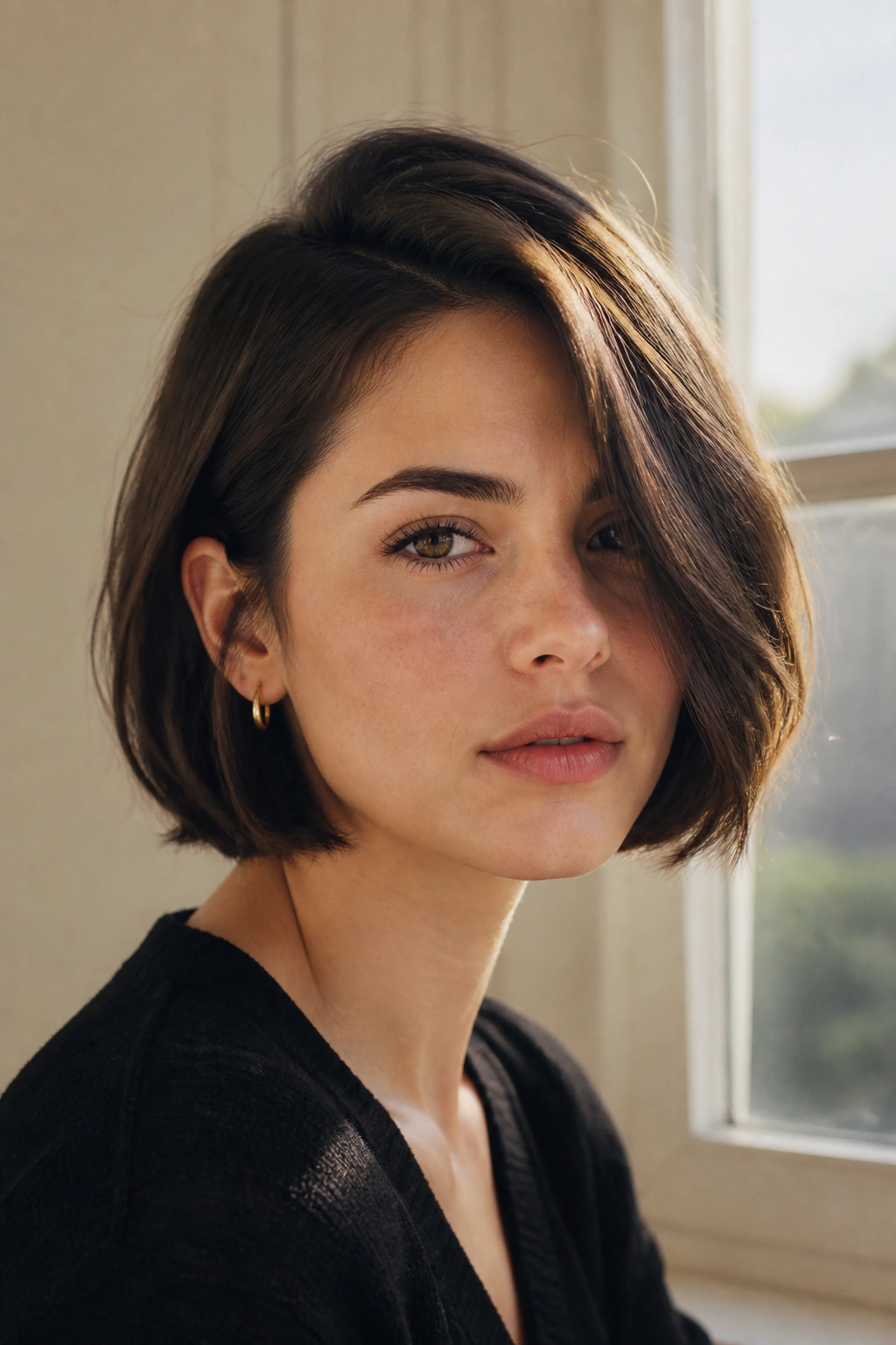 Close-up of a real woman with a side-part French bob in warm window light
