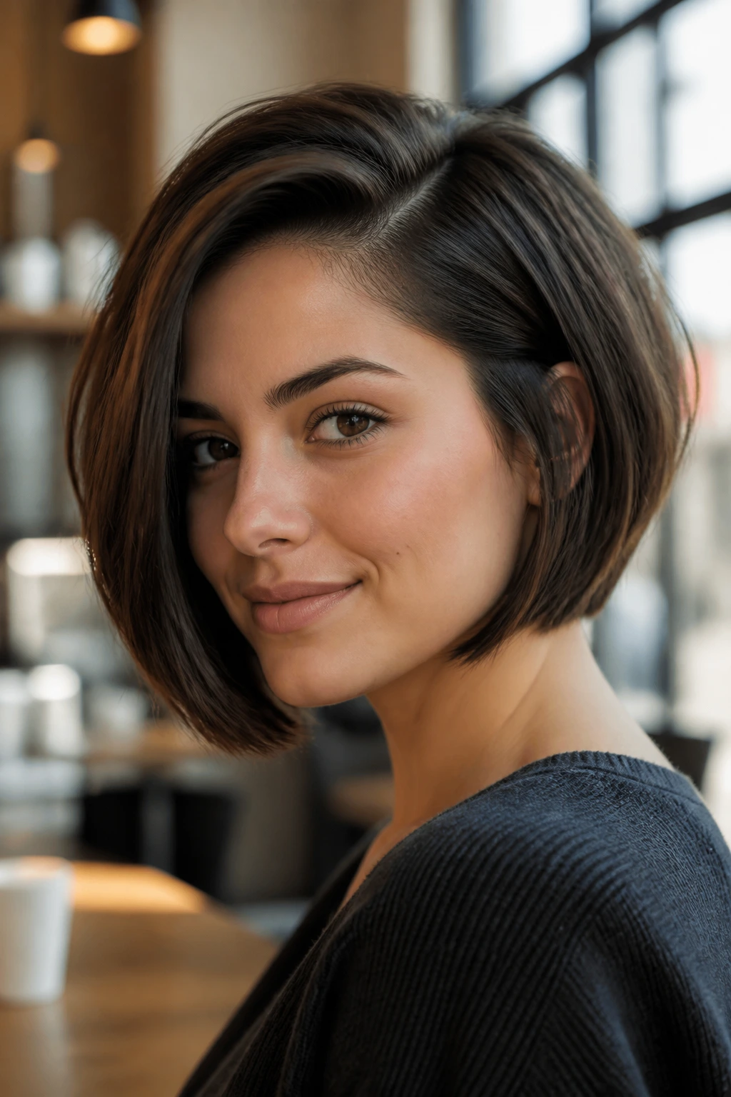 Close-up of real woman with a Side-Part Bob and crown lift