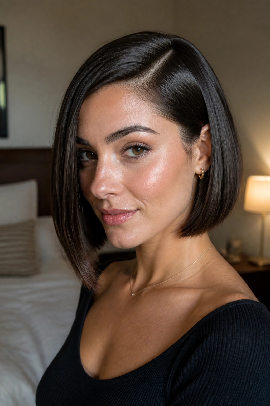 Close-up portrait of a real woman with a side-part sleek bob in warm window light