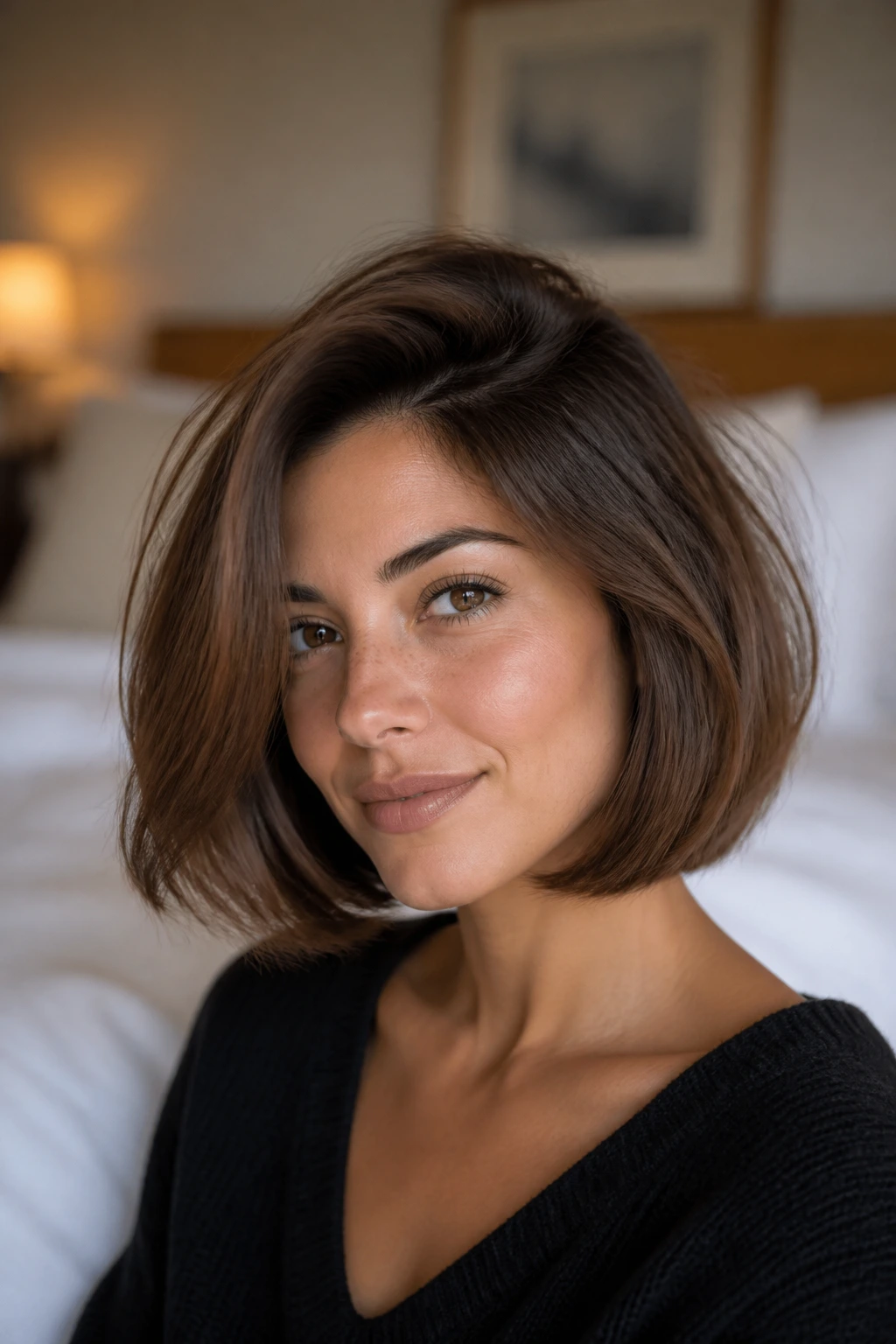 Close-up of a real woman with a side-part bob and soft volume in natural light