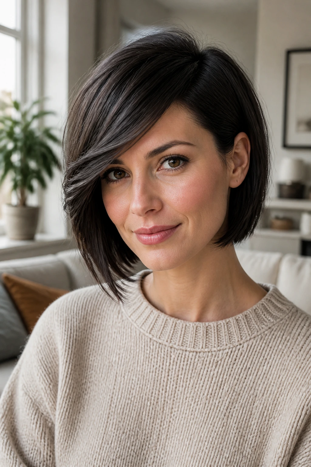 Close-up of a person with a deep side-part and sweeping fringe on a bob
