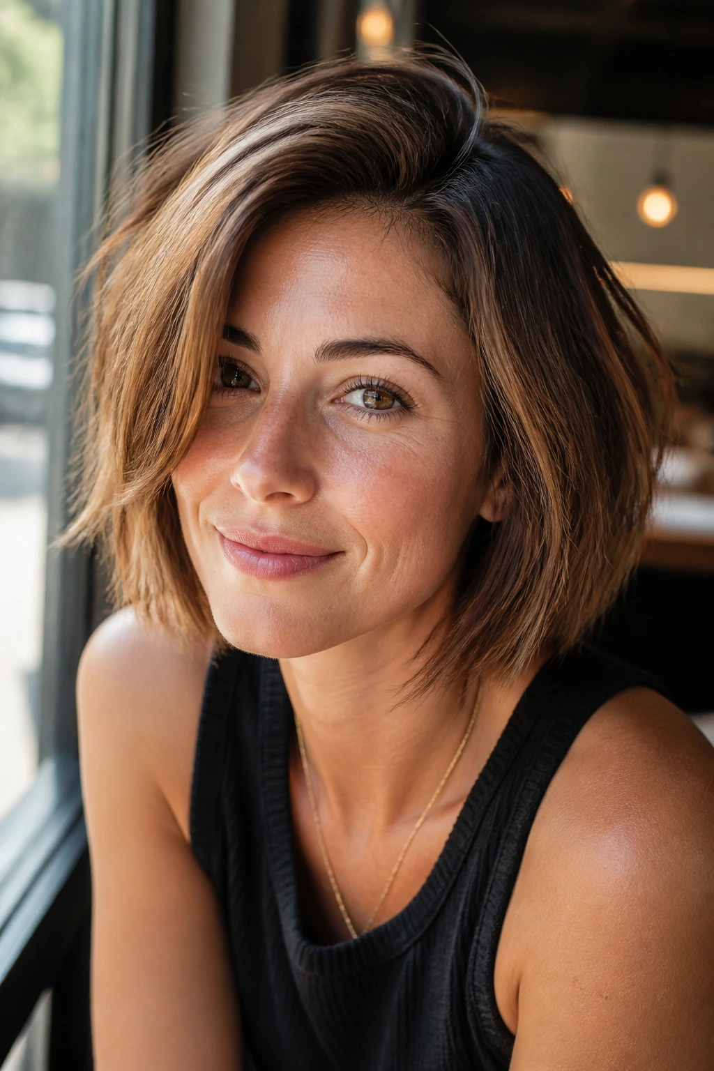 Portrait of a real woman with a side-parted tousled bob and root lift in cafe-like lighting