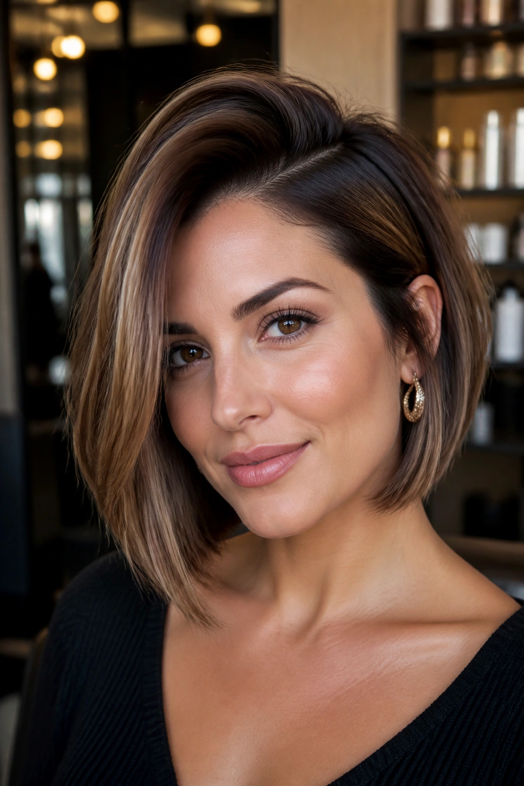 Portrait of woman with side-parted voluminous bob in a salon setting