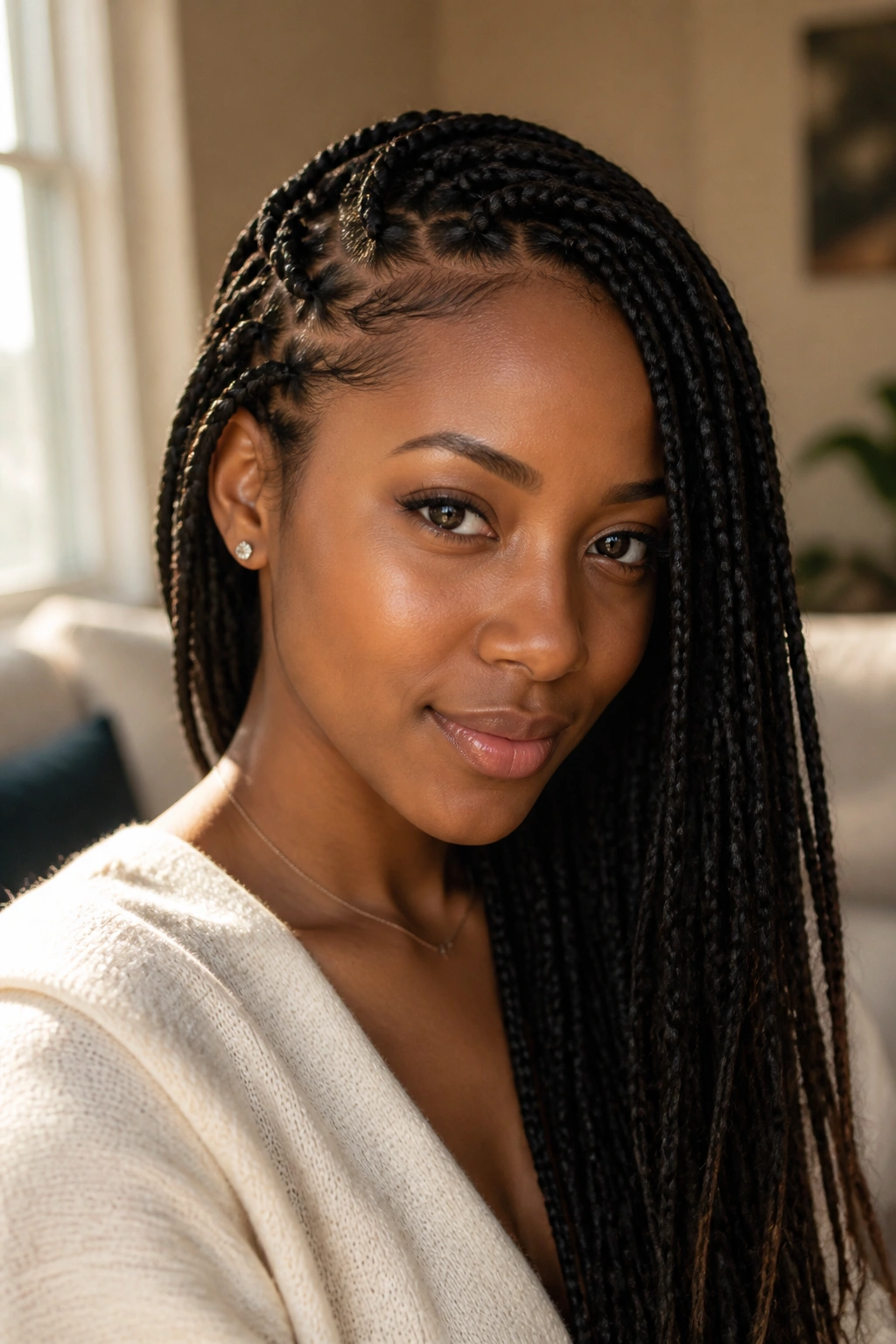 Close-up of a woman with side-part box braids in warm light