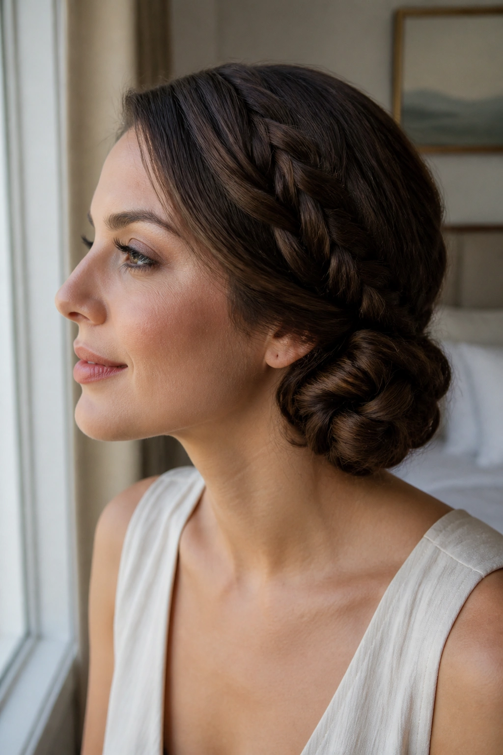 Profile view of a real woman showing a side-part braided chignon flowing into a low knot.