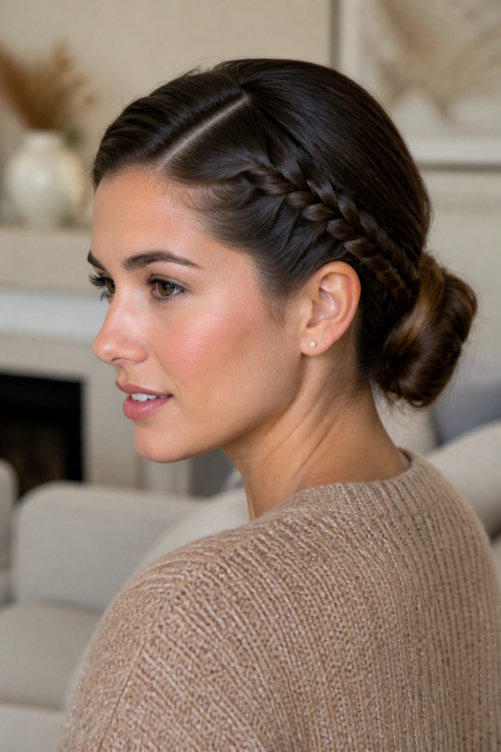 Close-up of a real woman with side-part braided low bun