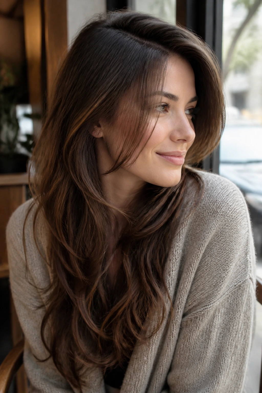 Close-up of side-part cascade with chin-skimming pieces on a real person