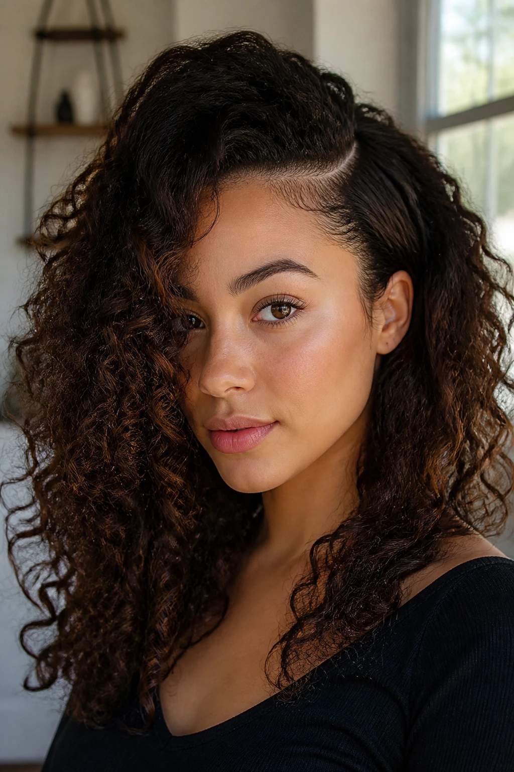 Real woman with side-part cascade showing varied textures in natural light