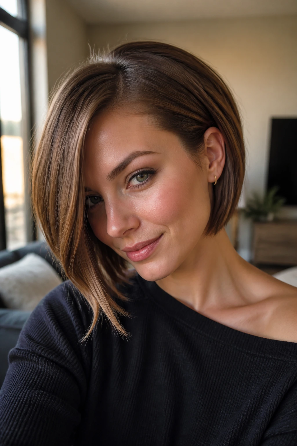 Portrait of a woman with side-part chin bob and long framing pieces