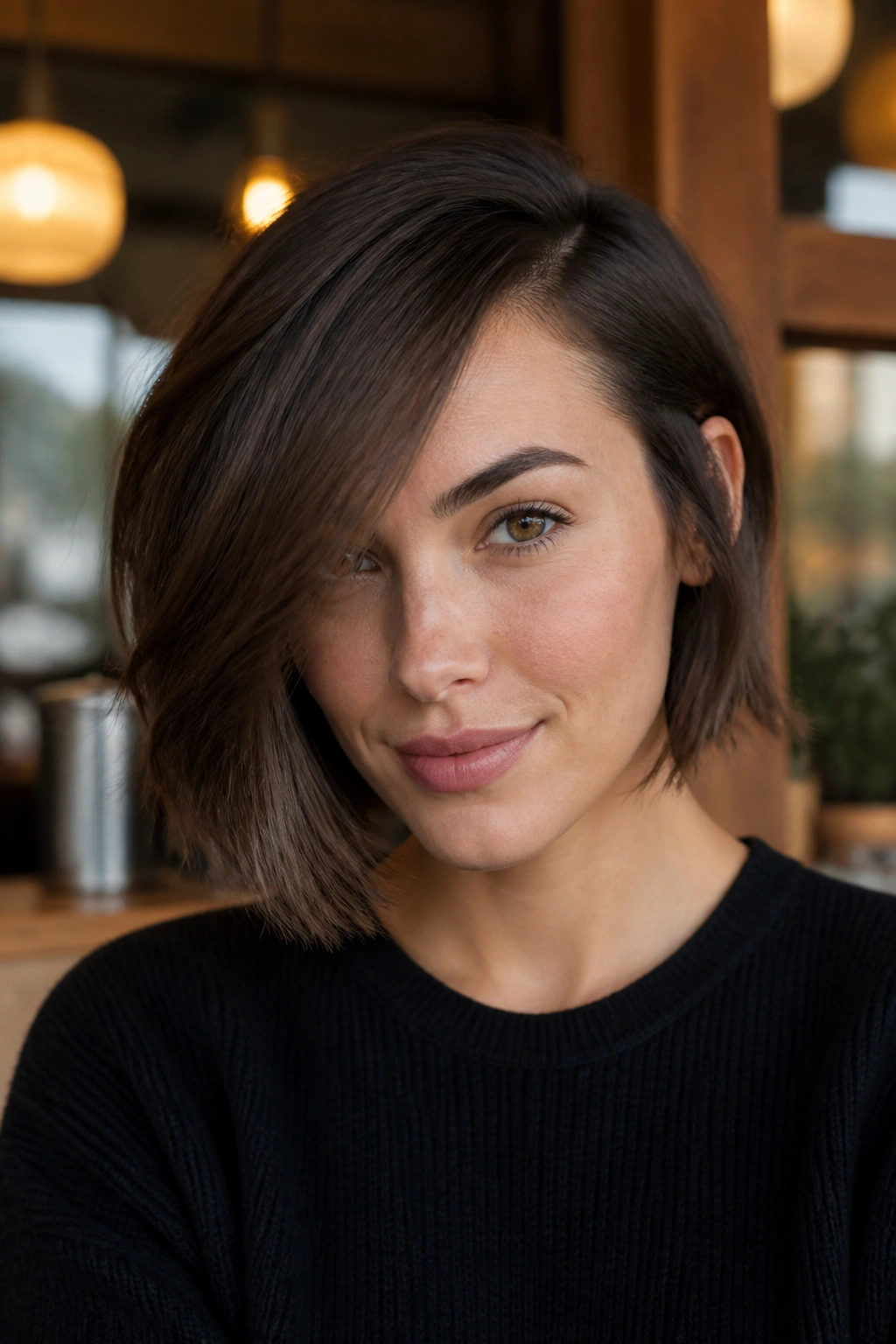 Close-up of a real woman with a side-part chin-length bob showing diagonal part and lifted crown.