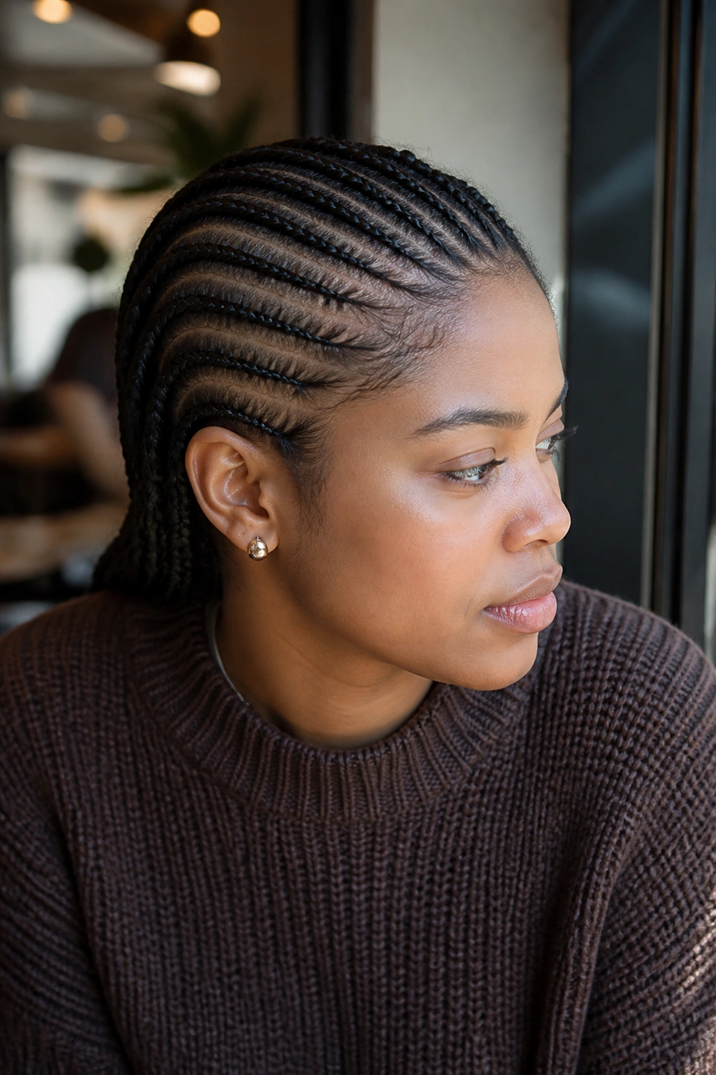 Close-up of a real woman with a side-part straight back cornrow pattern