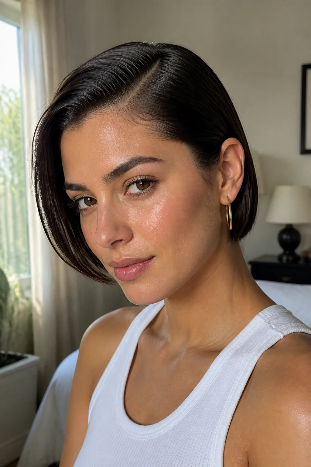 Close-up portrait of a real woman with a slick side-part ear-length crop in natural window light