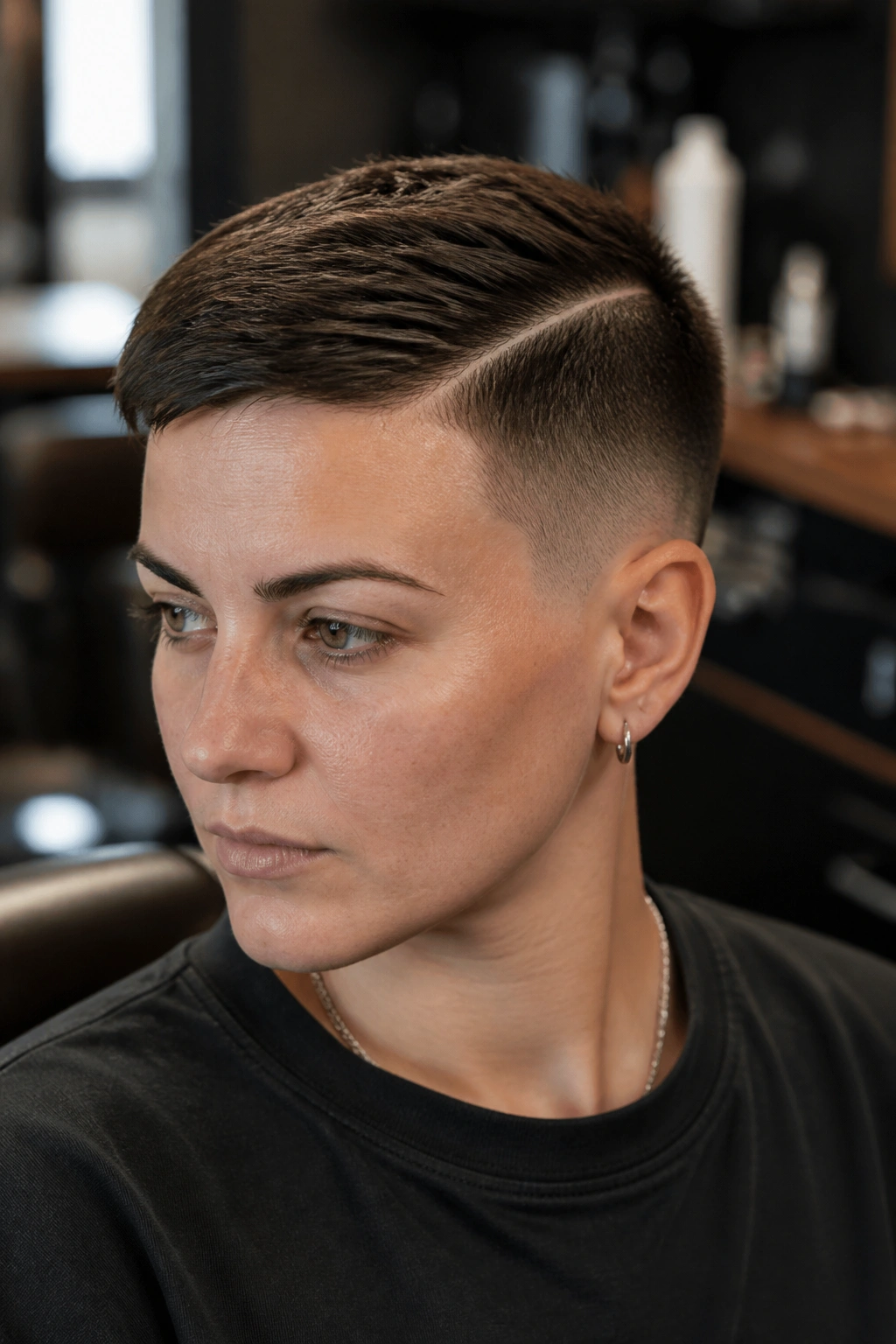 Portrait of a real person with a side-part crop and hard part in a barbershop setting