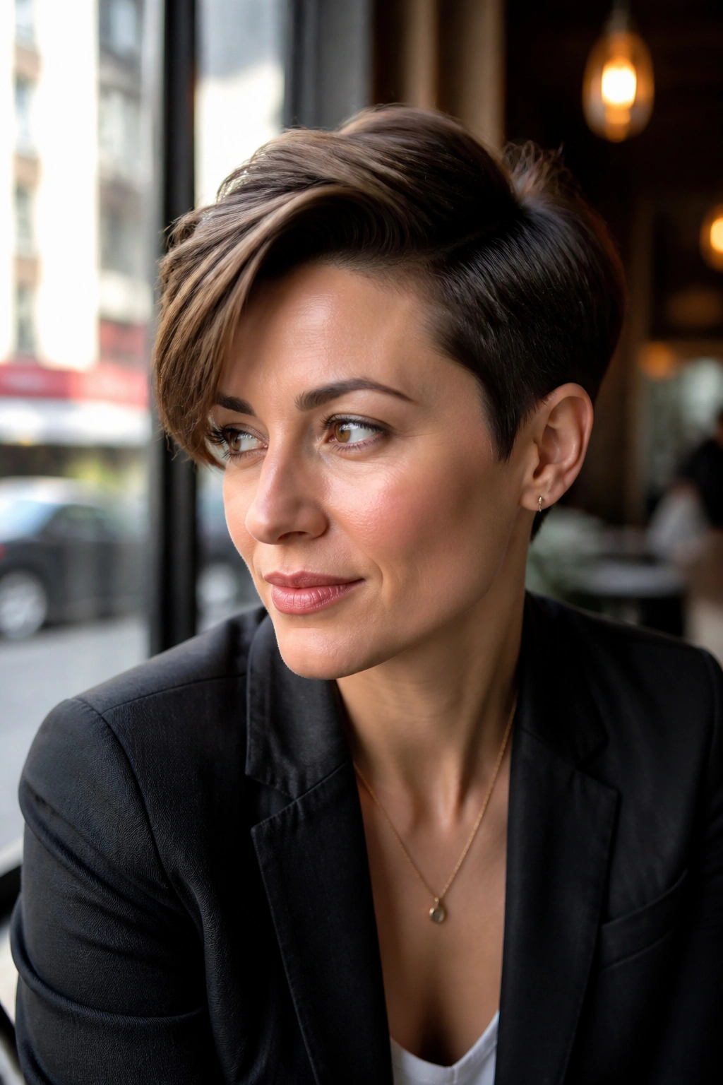 Close-up portrait of a real person with a deep side-parted crop in cafe window light.