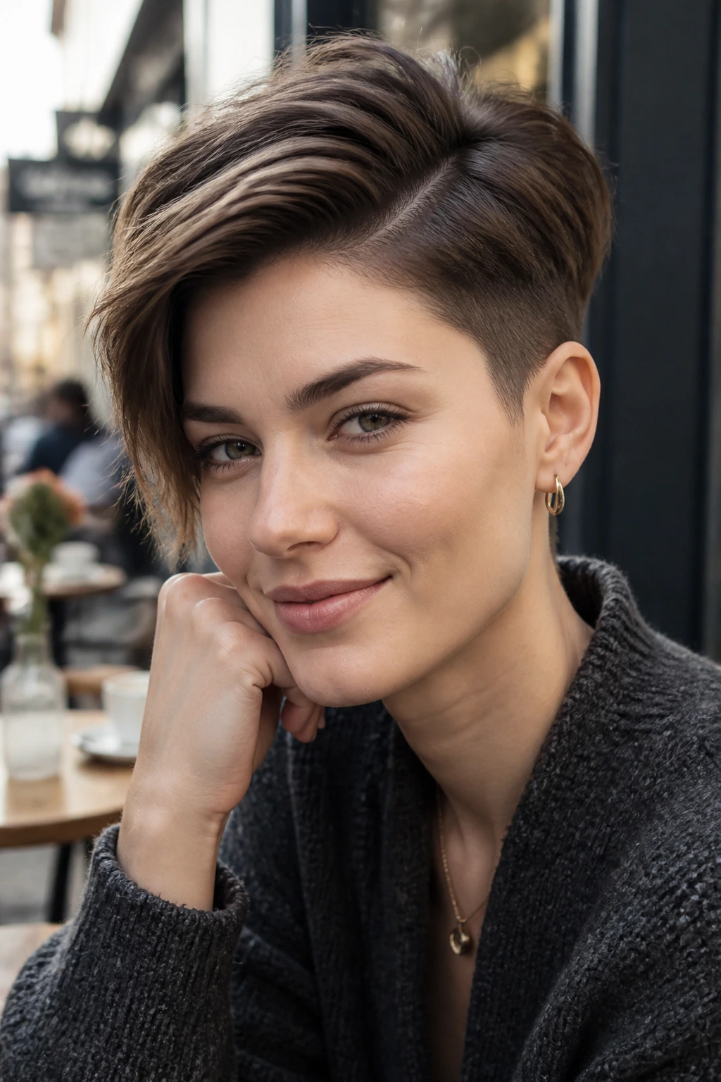 Portrait of a person with a side-part crop, top longer and parted to the side