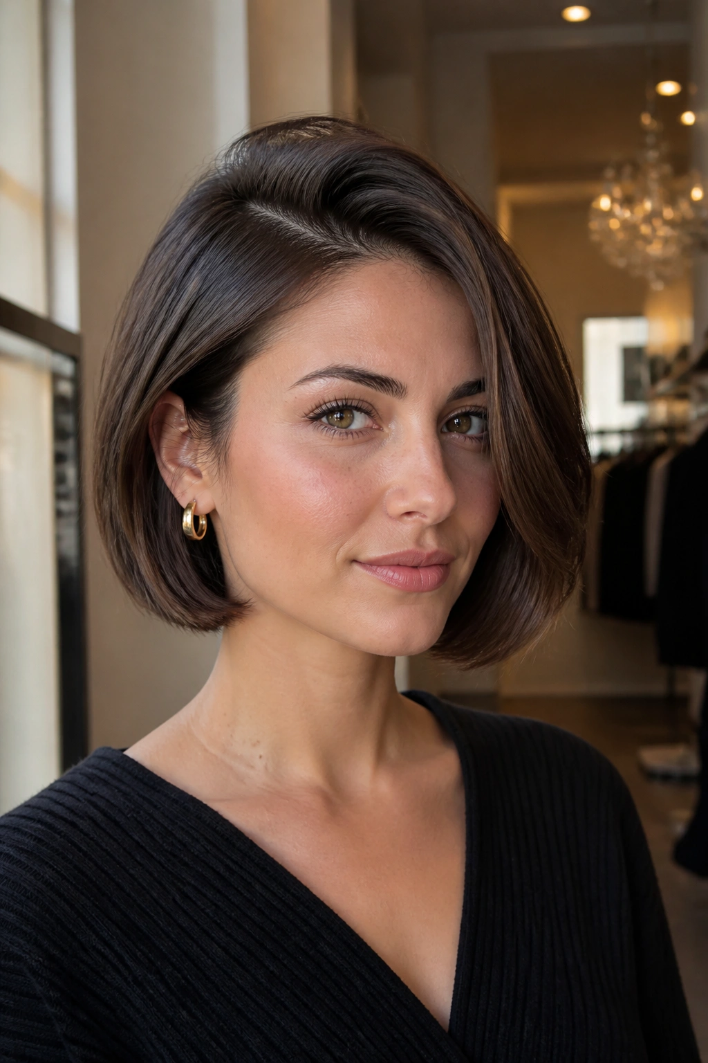 Close-up portrait of a real woman with a side-part Italian bob and crown lift.