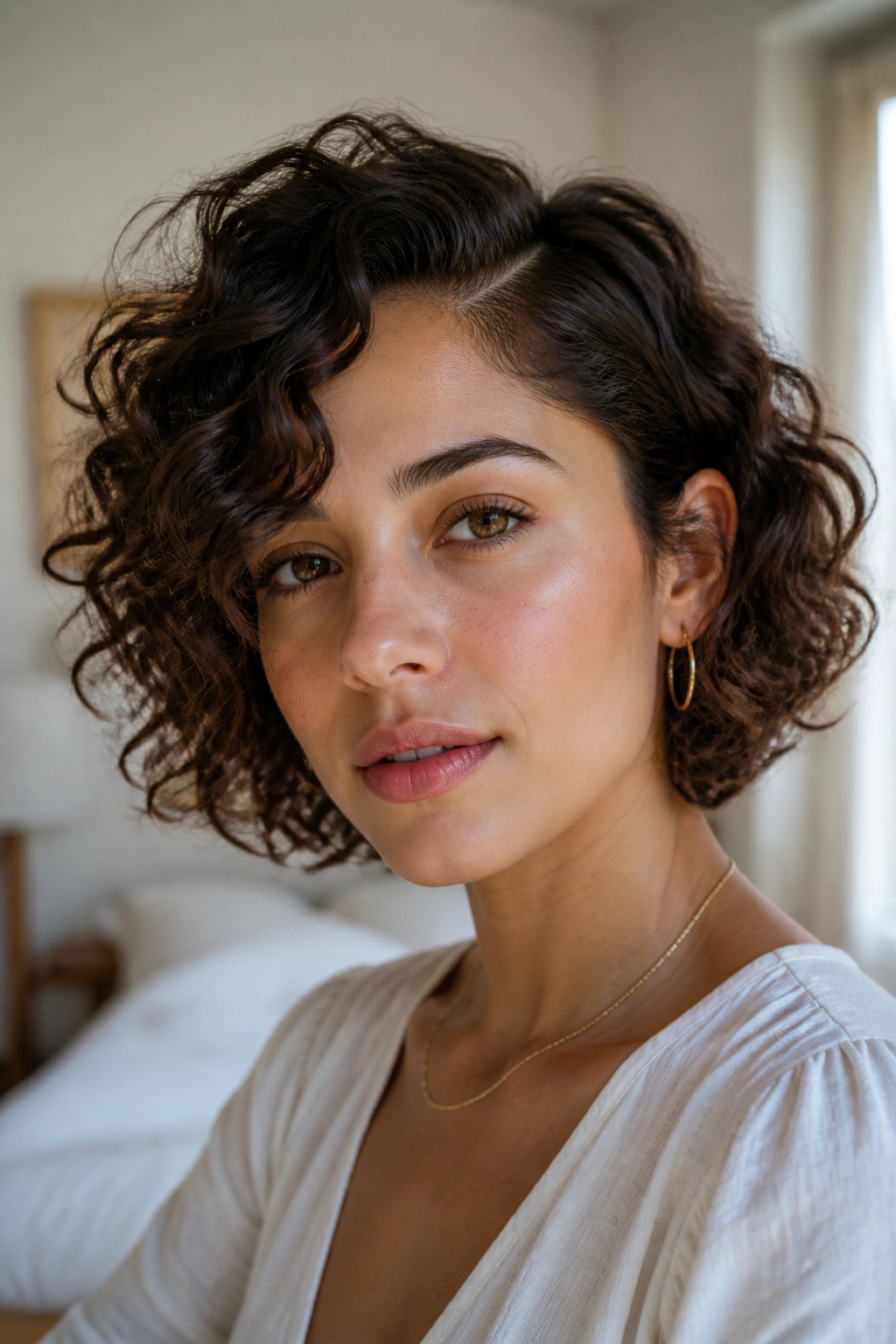 Close-up portrait of a real woman with a side-part curly bob under natural window light