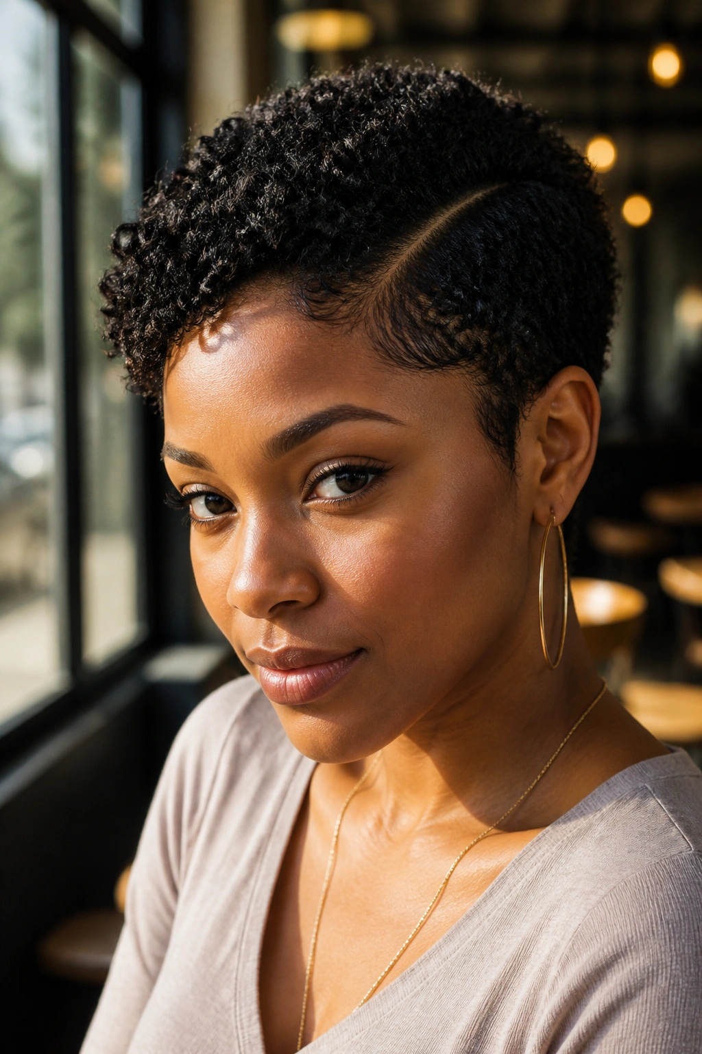 Close-up portrait of a woman with a side-parted curly crop hairstyle.