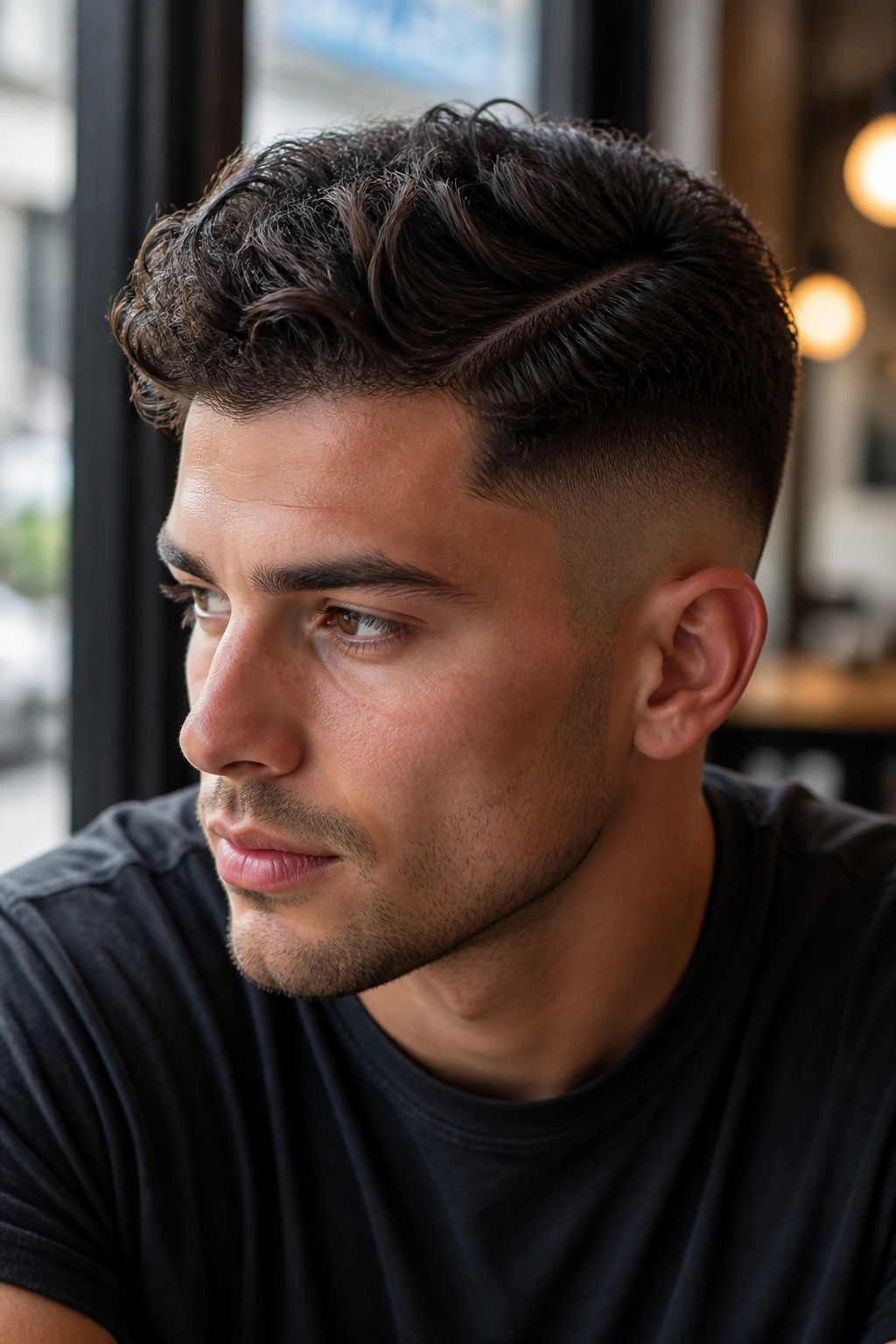 Close-up of a man with a side-part curly fade.