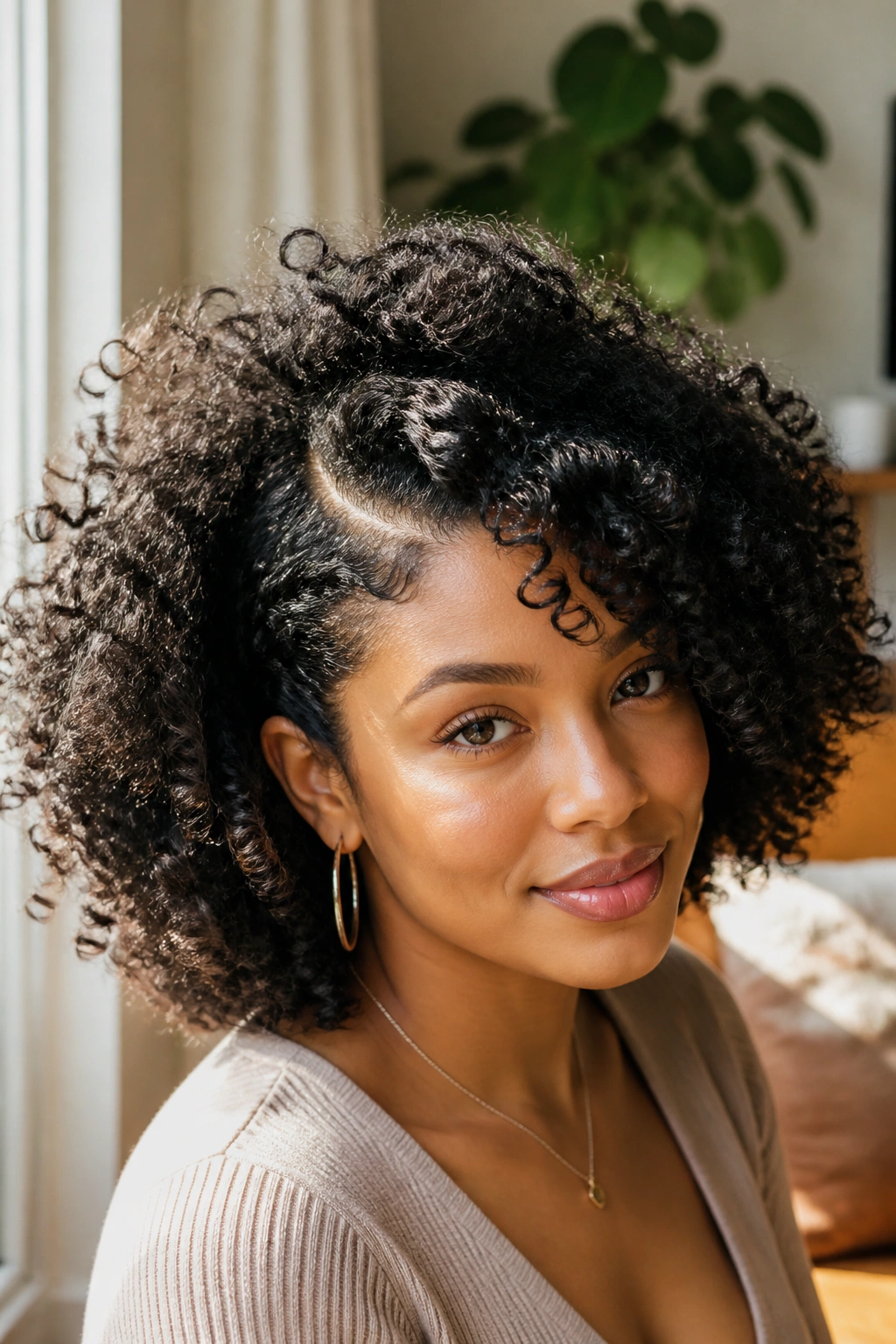 Close-up of a real person with a side-parted curly fro and defined front