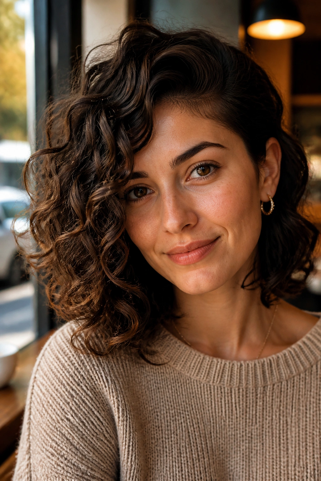 Close-up of real woman with side-part curly lob and lifted crown