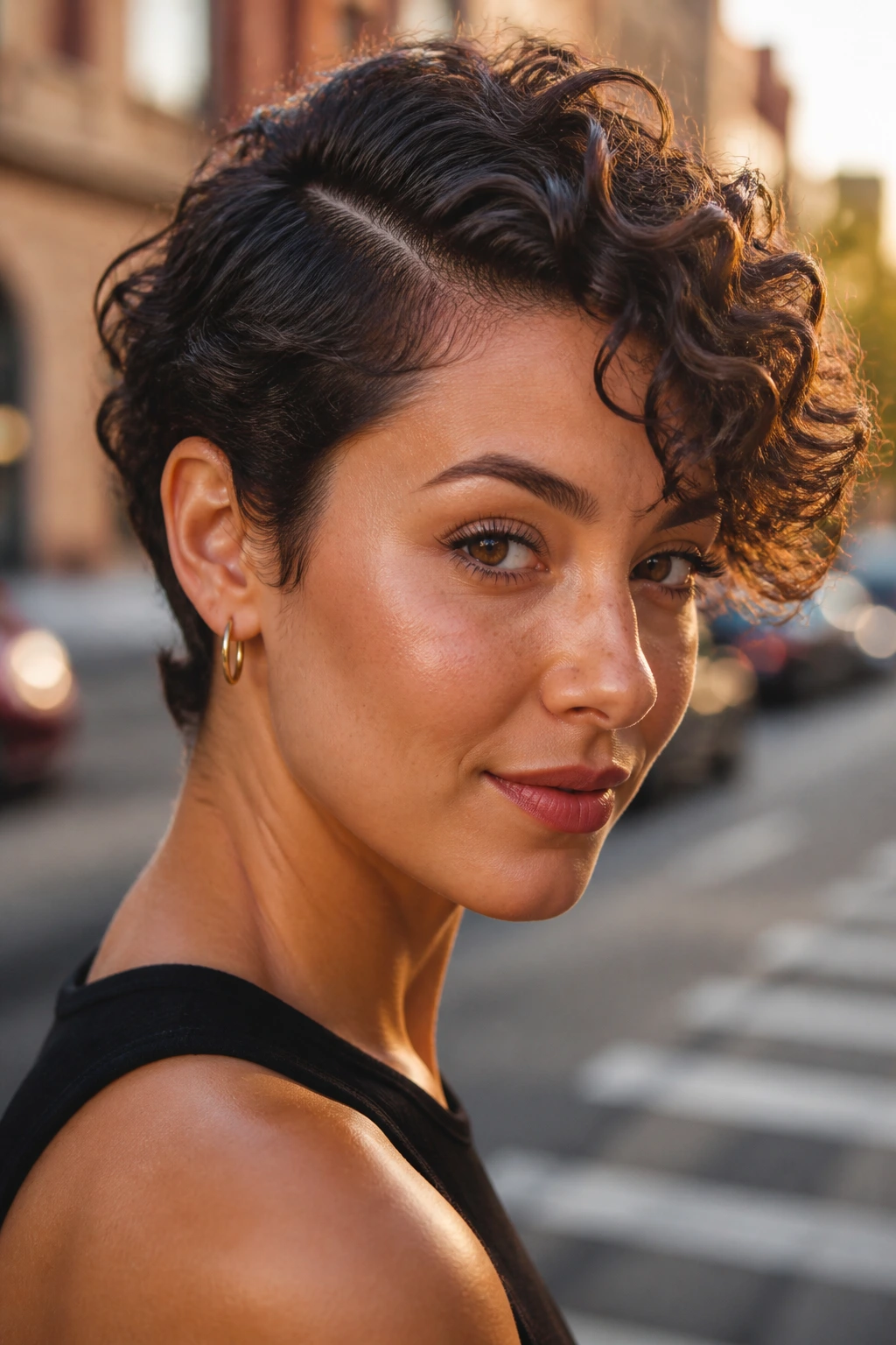 Portrait of a real woman with side-part curly pixie and temple lift.