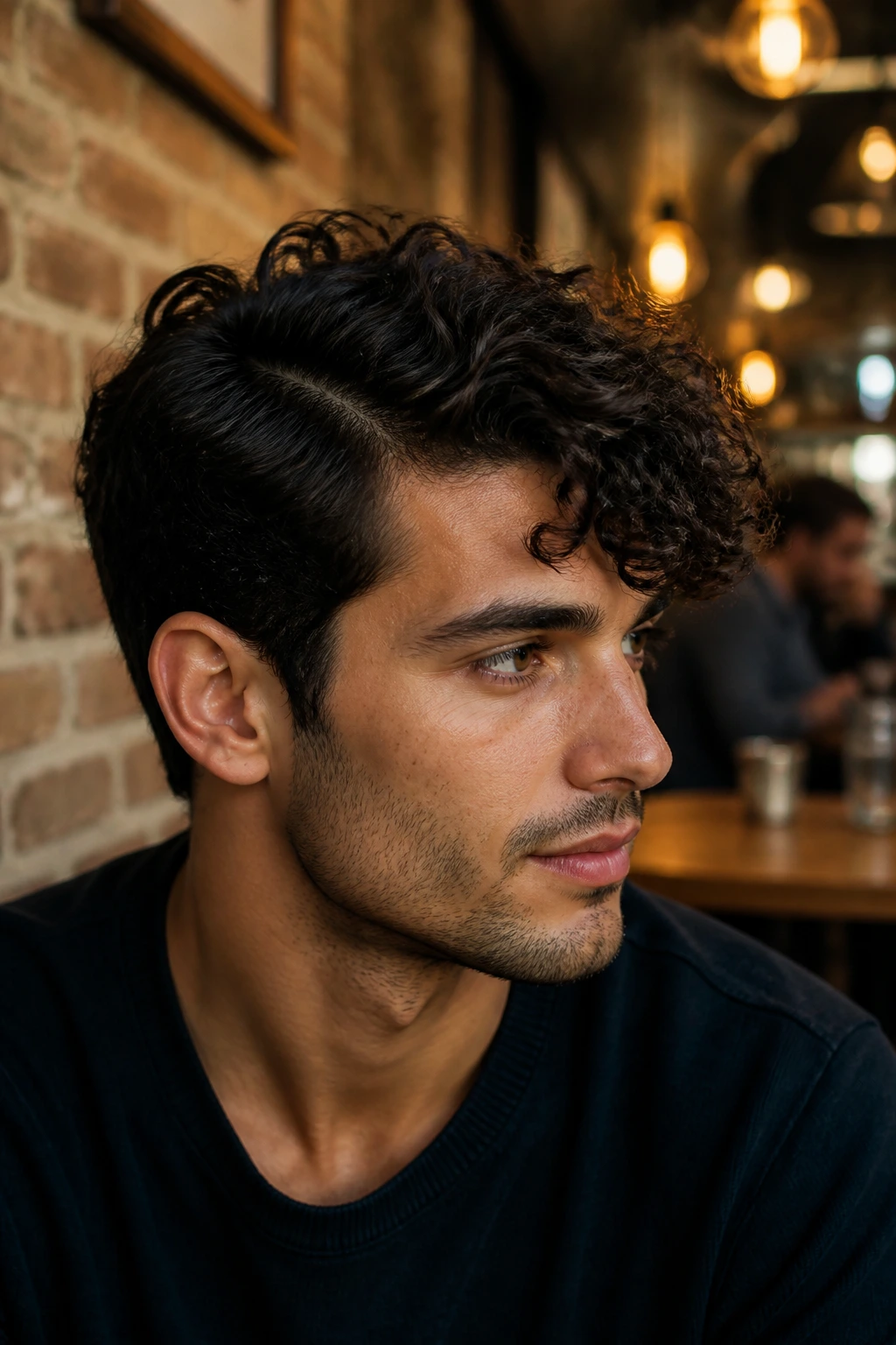 Close-up of man with side-parted curly volume hairstyle