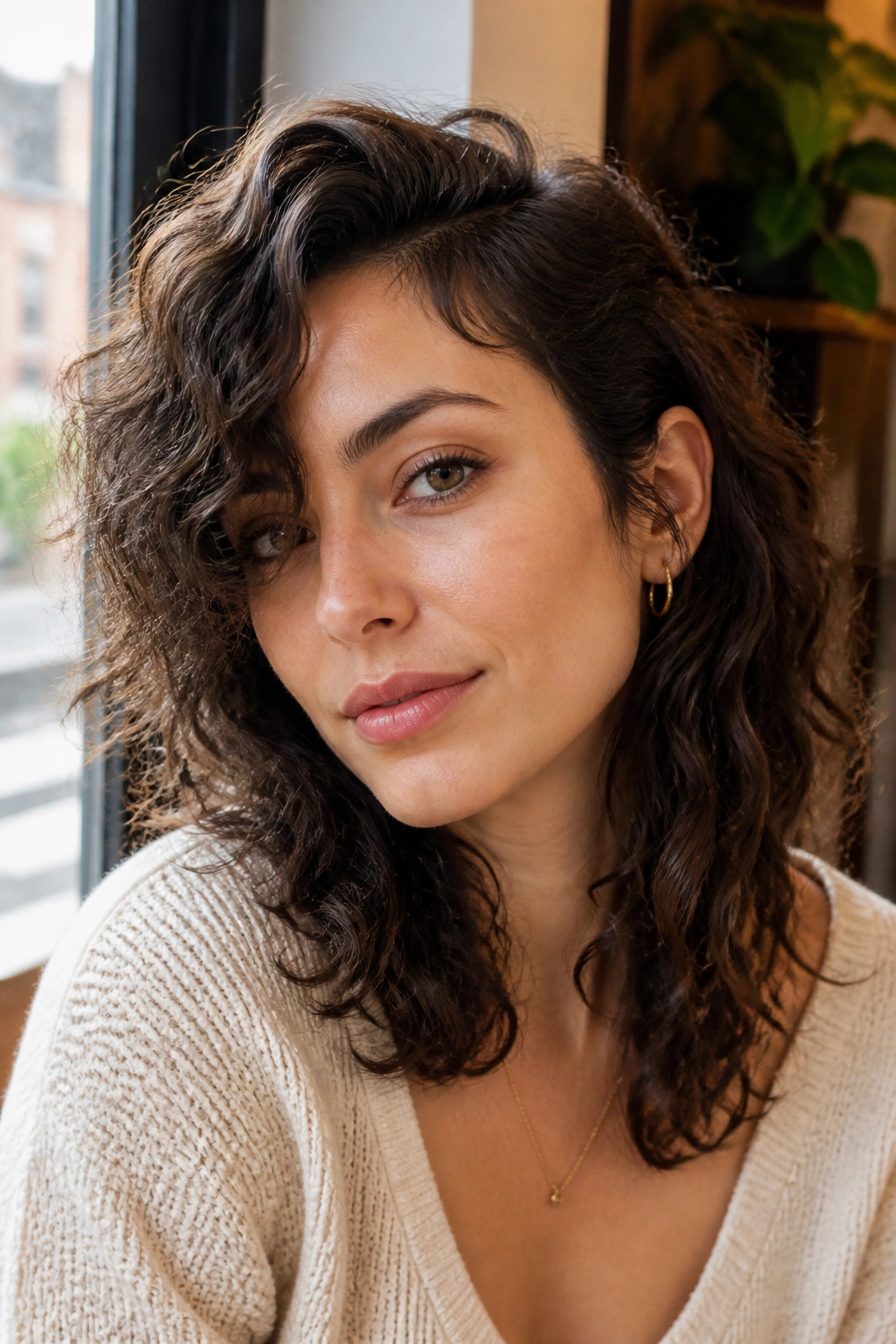 Real person with side-part curly wolf cut in warm cafe light